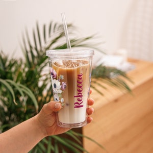 Personalized clear 16oz acrylic plastic cold drink tumbler w/ flower bouquet design - double-wall insulated - reusable / eco-friendly