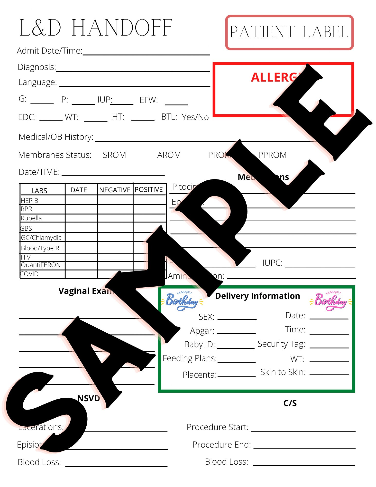 Labor and Delivery Nursing Handoff Sheet Etsy