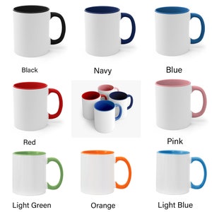 May include: Set of 10 blank ceramic mugs with colored rims and handles. The mugs are white with a variety of colors including black, navy, blue, red, pink, light green, orange, and light blue.