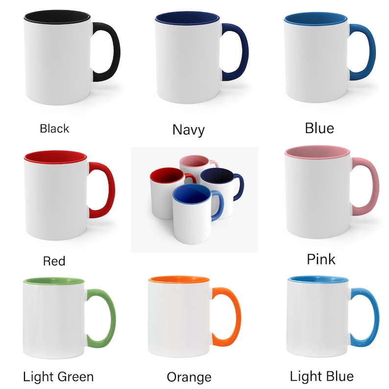 May include: Set of 10 blank ceramic mugs with colored rims and handles. The mugs are white with a variety of colors including black, navy, blue, red, pink, light green, orange, and light blue.