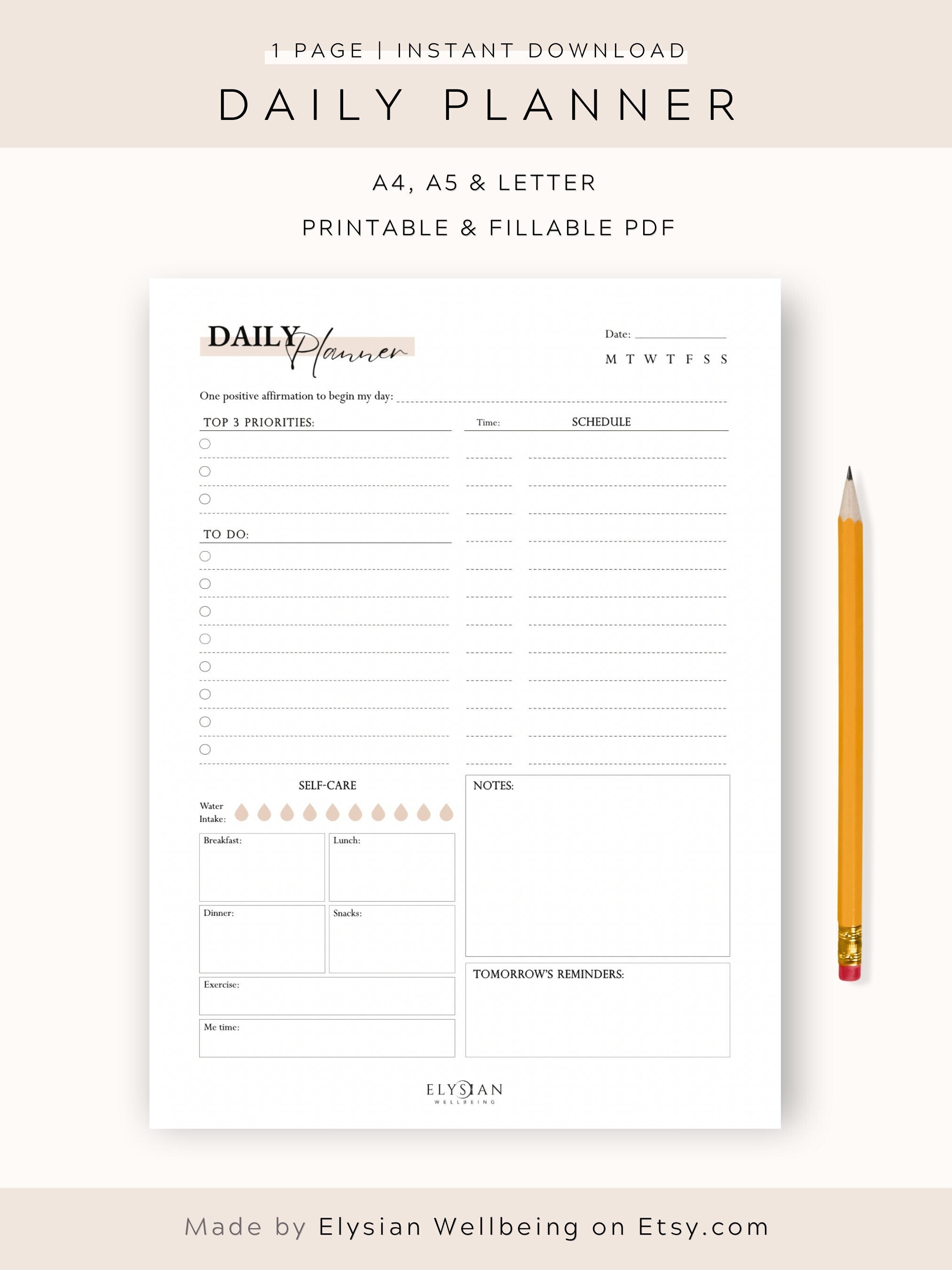 Daily Planner Printable Fillable PDF Daily Priorities Etsy