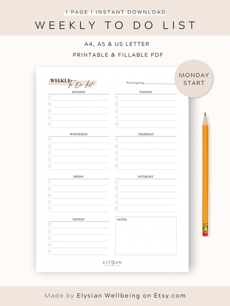 Weekly to Do List Monday Start Printable Fillable PDF - Etsy