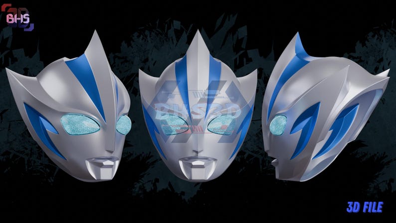 May include: A silver and blue mask with a futuristic design, featuring a prominent crest and angular details. The mask has blue accents and eye openings with a textured appearance. The image shows the mask from multiple angles, with the text "3D FILE" at the bottom.