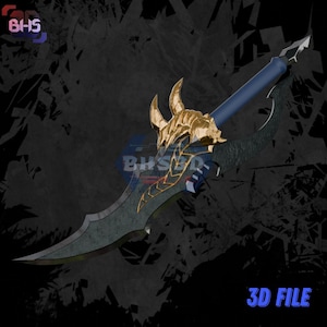 May include: A 3D printed model of a fantasy sword with a blue handle and a gold and black blade. The blade has a decorative design with horns and spikes. The sword is on a dark background with the text "3D FILE" in blue.