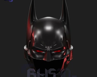 Könnte beinhalten: Ein schwarzer und roter Batman-Helm mit futuristischem Design. Der Helm hat rot leuchtende Augen und ein schwarzes Visier.
