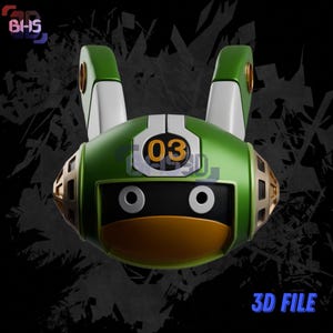 May include: A green and gold robot head with white accents. The robot has large, round eyes and a small, black mouth. The number "03" is printed on the robot's forehead.