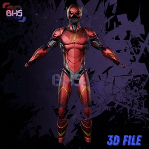 Könnte beinhalten: Ein 3D-Modell von Flash in einem roten und goldenen Anzug mit einem Blitz auf der Brust. Der Anzug ist mit metallischen Akzenten verziert und scheint aus einem strapazierfähigen Material hergestellt zu sein. Das Modell ist mit ausgestreckten Armen posiert, als ob es bereit wäre zu rennen.
