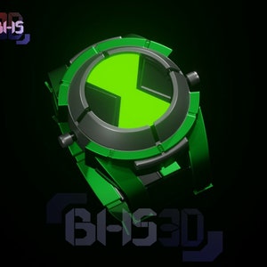 May include: A green and black wristwatch with a large, circular face. The face features a green, glowing alien symbol.