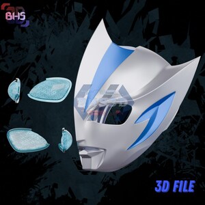 May include: A white and blue mask with a stylized design, featuring blue accents and eye lenses. The mask has a sleek, futuristic appearance. The text "3D FILE" is visible at the bottom.