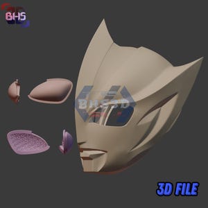 May include: A tan-colored, stylized cat mask with pointed ears, and separate ear and cheek components. The mask has eye openings and a defined nose and mouth area. The text "3D FILE" is in blue at the bottom right.
