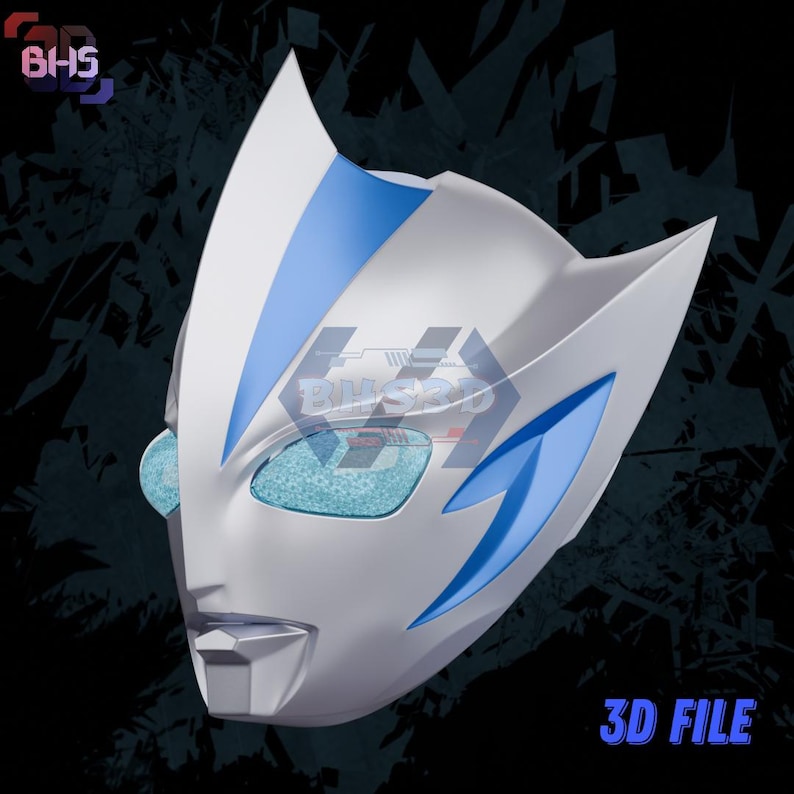 May include: A white and blue 3D printed mask with a stylized design. The mask features blue accents and eye openings. The text "3D FILE" is visible in the lower right corner.