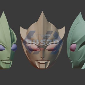 May include: Three stylized masks in shades of green and tan, with purple and red accents. The masks have a futuristic design, with sharp angles and a sleek appearance. The text "3D FILE" is visible in the bottom right corner.