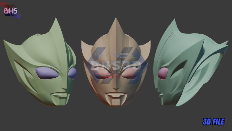 May include: Three stylized masks in shades of green and tan, with purple and red accents. The masks have a futuristic design, with sharp angles and a sleek appearance. The text "3D FILE" is visible in the bottom right corner.