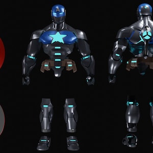 Puede incluir: Una figura de acción negra y azul con un escudo rojo, blanco y azul. La figura lleva un casco con una estrella azul en el pecho. La figura se muestra de frente y de espaldas.