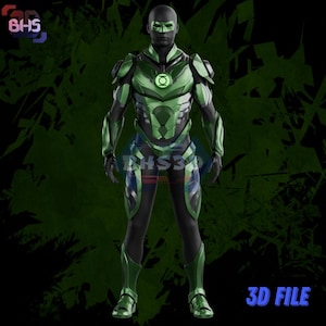 May include: A digital rendering of a Green Lantern costume, predominantly green and black. The suit features a glowing green emblem and mask. The image includes the text "3D FILE" in the bottom right corner.