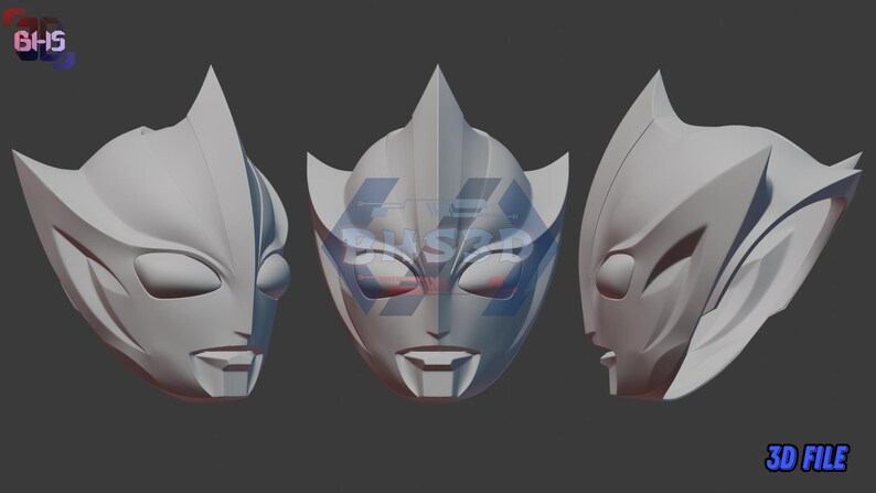 May include: Three light gray, stylized masks with pointed ears and angular features are displayed against a gray background. The masks have eye and mouth openings. The text "3D FILE" is in the bottom right corner.