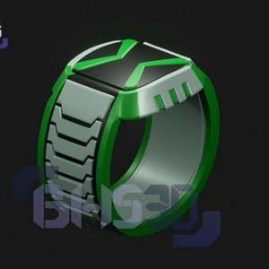 May include: A green and gray wristwatch with a black X-shaped symbol on the face. The watch has a textured band and a silver ring.