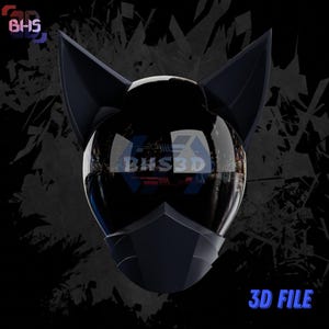 Puede incluir: Un diseño de casco oscuro y futurista con una visera reflectante y estructuras puntiagudas en forma de oreja. La imagen incluye el texto "BHS3D" y "3D FILE" en azul.