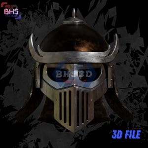 May include: A detailed, metallic helmet with a dark brown crown and silver accents. The helmet features a face guard with vertical slits and curved horns. The text "3D FILE" is visible in the image.