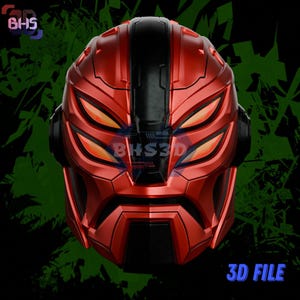 May include: A metallic red and black full-face helmet featuring four glowing orange eye slits, a central black vertical ridge, and angular geometric plating. The text BHS3D is visible on the front, with 3D FILE printed in the bottom corner.