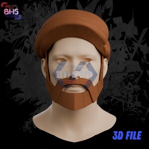 May include: A 3D render of a face with a brown beard and a matching hat. The face is a neutral skin tone. The image has the text "3D FILE" in blue at the bottom and "BHS" in the top left corner.