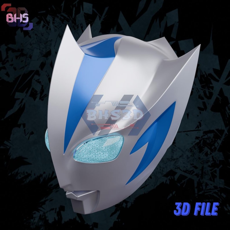 May include: A silver and blue 3D-printed mask with a stylized design. The mask features blue accents and eye openings with a textured appearance. The text "3D FILE" is visible in the lower right corner. The logo "BHS3D" is also visible.