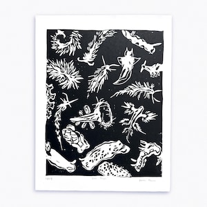 Sea Slugs Block Print | Nudibranch Mollusk Sea Angel Blue Glaucus Marine Life Printmaking
