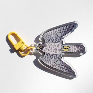 May include: A clear acrylic keychain featuring a stylized illustration of a falcon in flight. The bird has gray and purple wings, a yellow beak, and yellow accents. It is attached to a yellow metal clasp.