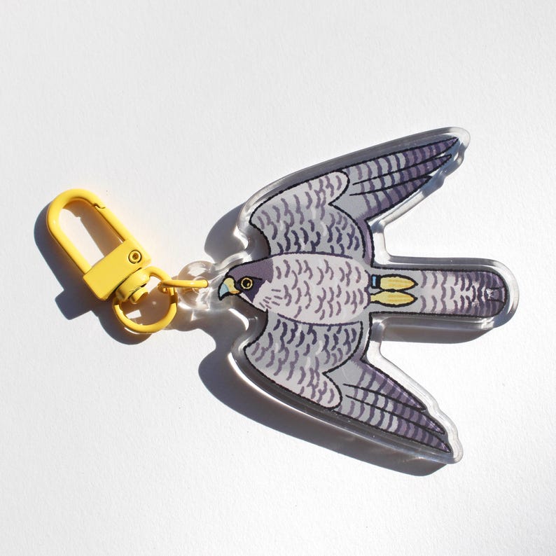 May include: A clear acrylic keychain featuring a stylized illustration of a falcon in flight. The bird has gray and purple wings, a yellow beak, and yellow accents. It is attached to a yellow metal clasp.