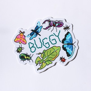 May include: A white sticker with the word "BUGGY" in green, surrounded by colorful illustrations of insects. The sticker features a dragonfly, butterfly, beetle, moth, and other bugs. The sticker has a white border.