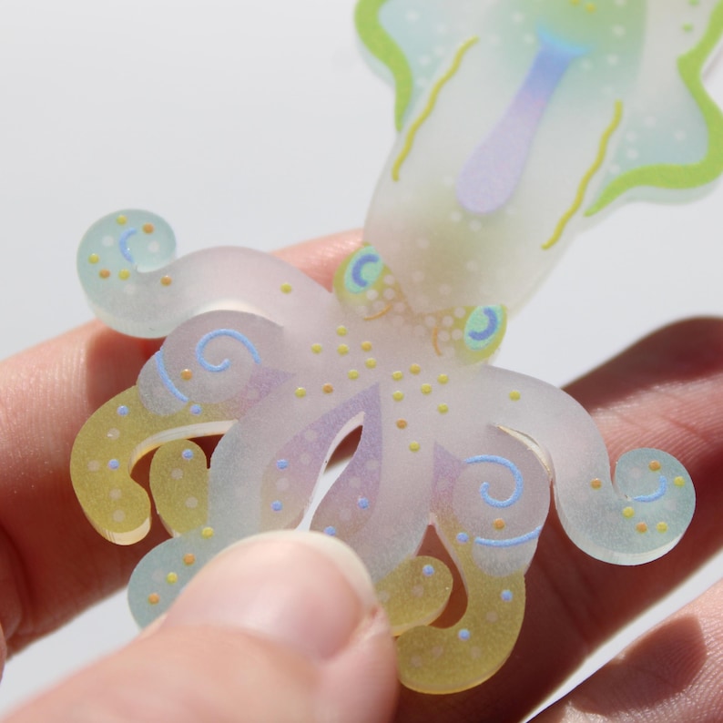 May include: A translucent octopus sticker with pastel colors. The sticker features a light purple body, yellow and blue tentacles, and small yellow and blue dots. The eyes are light blue with a yellow crescent. The tentacles have a swirl design.