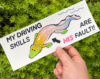 May include: A white bumper sticker with the text "MY DRIVING SKILLS ARE HIS FAULT!!" features a colorful cartoon eel with an arrow pointing to the text. The eel is yellow, green, pink, and blue, with wavy lines above it.