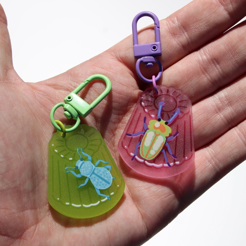 May include: Two insect-themed keychains. One is green with a blue bug, the other is pink with a green and yellow bug. Both have a clear, tag-like shape and a metal clasp. The clasps are green and purple.