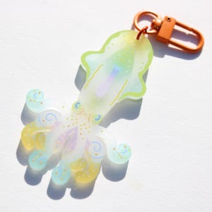 May include: A colorful octopus keychain with a lobster clasp. The octopus is a mix of pastel colors, including yellow, blue, and purple, with a light green outline. The keychain is made of a translucent material.