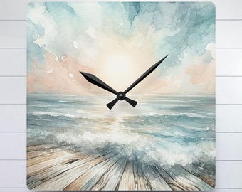 Reloj de pared con paisaje marino, amanecer costero, acuarela, decoración rústica de playa, tonos pastel veraniegos, cuadrado y silencioso.
