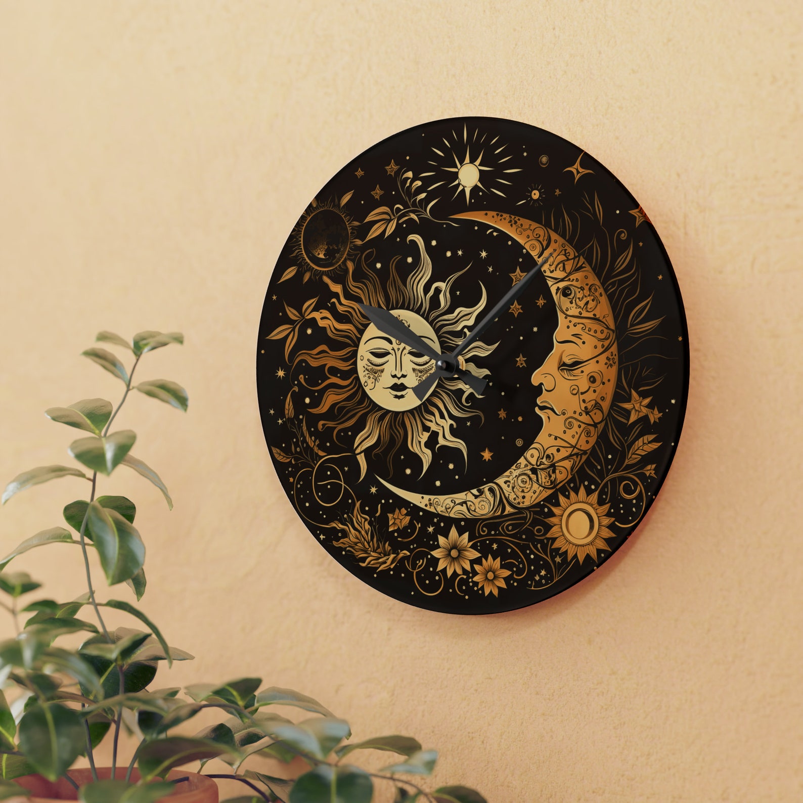 Celestial Wall Clock, Sun and Crescent Moon Clock, Celestial Clocks ...
