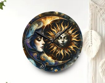 Celestial Goddess Wall Clock: Moon & Sun Acrylic Art