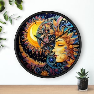 Wooden Clock, Celestial Clock, Mother Nature Art, Sun and Moon Wall Clock, Silent Clock, Classic Celestial Design, Celestial Wall Art