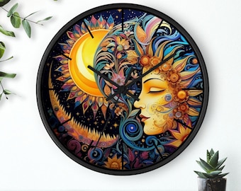 Wooden Clock, Celestial Clock, Mother Nature Art, Sun and Moon Wall Clock, Silent Clock, Classic Celestial Design, Celestial Wall Art