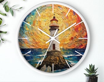 Unique Wooden Clock, Faux Mosaic Clock, Lighthouse Wall Clock, Silent Clock, Ocean Waves and Lighthouse Art, Sunset and Ocean Wall Clock