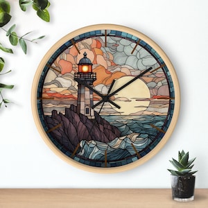 Reloj de pared de madera, reloj de pared de faro, reloj de pared de madera con vitrales y atardecer en el océano, reloj de pared de madera con vitrales falsos y faro.