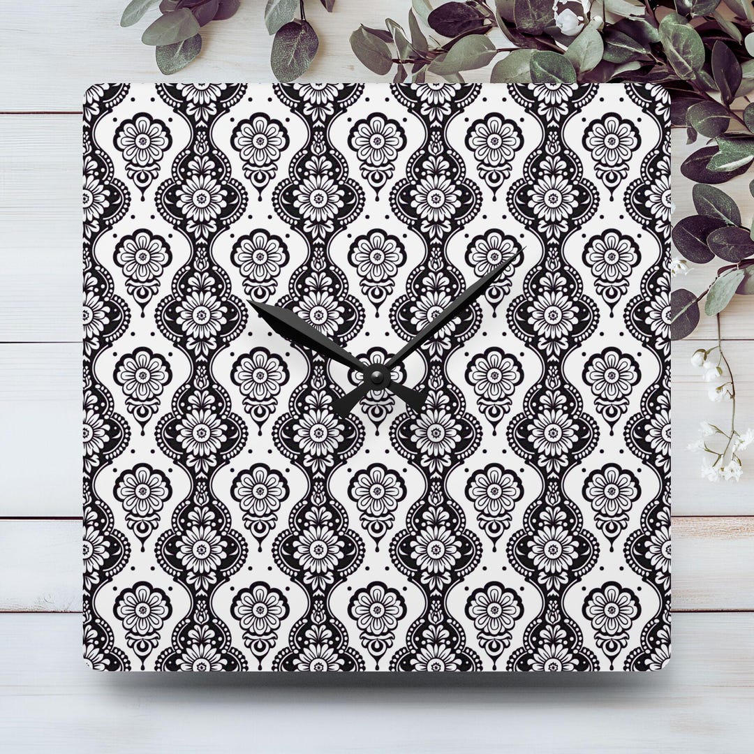 Black White Damask Pattern Acrylic Wall Clock | Vintage Floral Motif ...