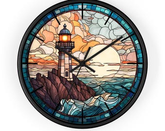 Wooden Wall Clock, Lighthouse Wall Clock, Stained Glass Ocean Sunset Wooden Wall Clock, Faux Stained Glass Lighthouse