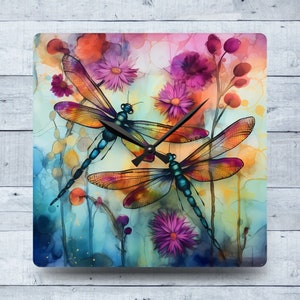 Dragonfly Clock, Square or Round Wall Clock, Colorful Wall Clock, Dragonfly Wall Art, Eye Catching Home Decor, Nature Inspired Wall Clock
