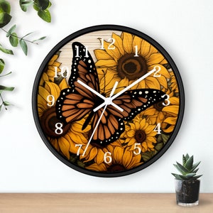 Wooden Wall Clock, Butterfly Clock, Sunflower Wall Art, Silent Clock, Sunflower and Butterfly Art, Nature Loves Gifts, Sunflower Clock