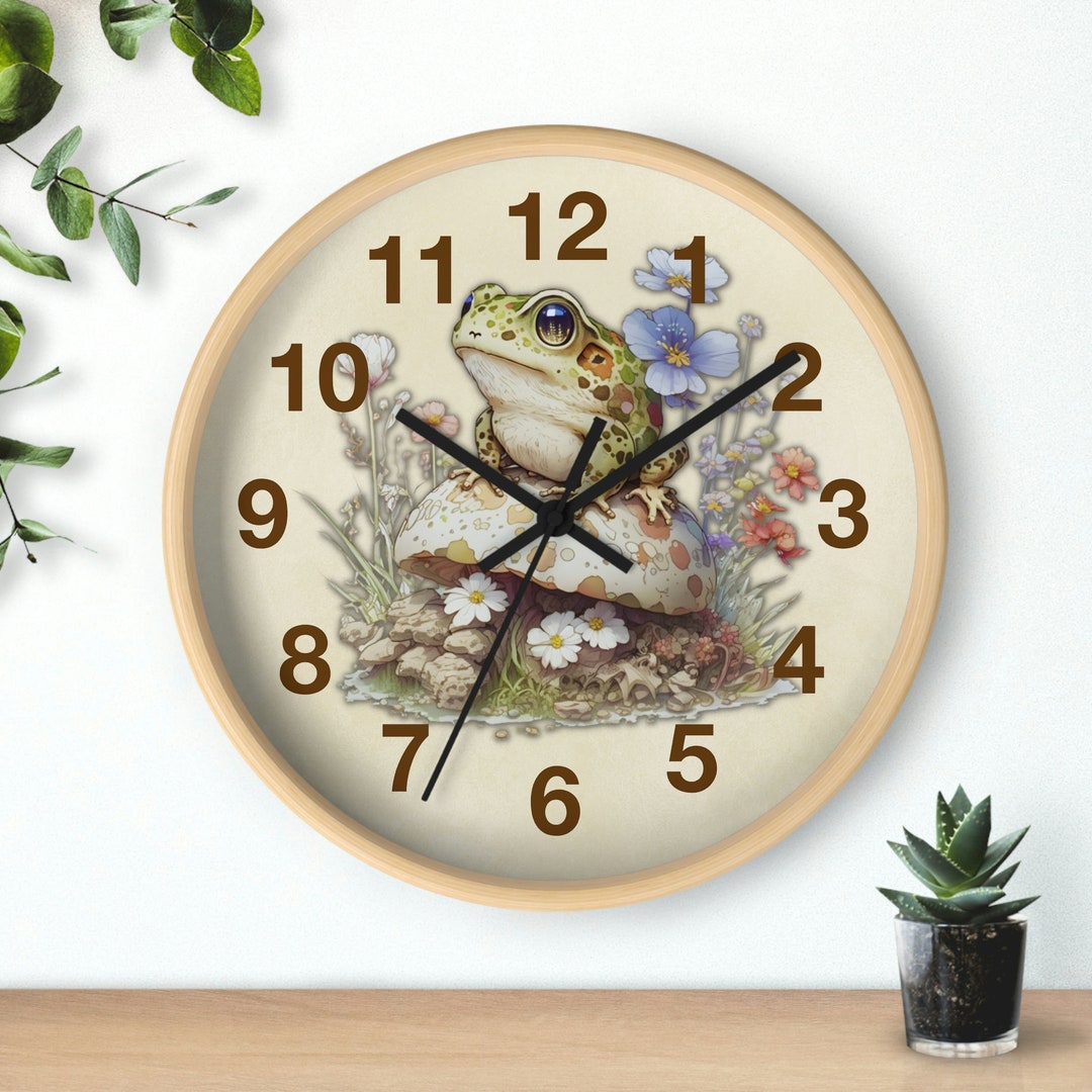Wooden Clock, Cottagecore Watercolor Wall Clock, Silent Wall Clock