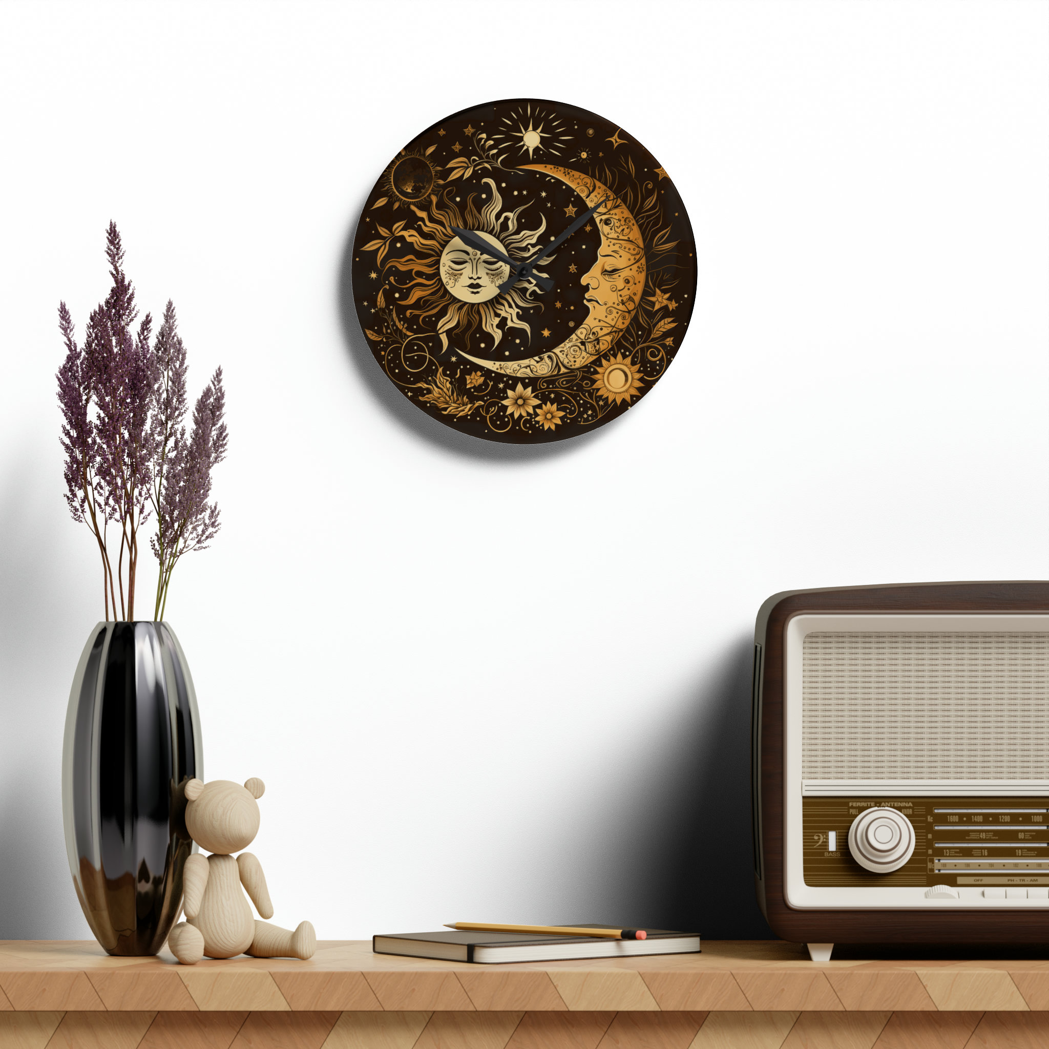 Celestial Wall Clock, Sun and Crescent Moon Clock, Celestial Clocks ...