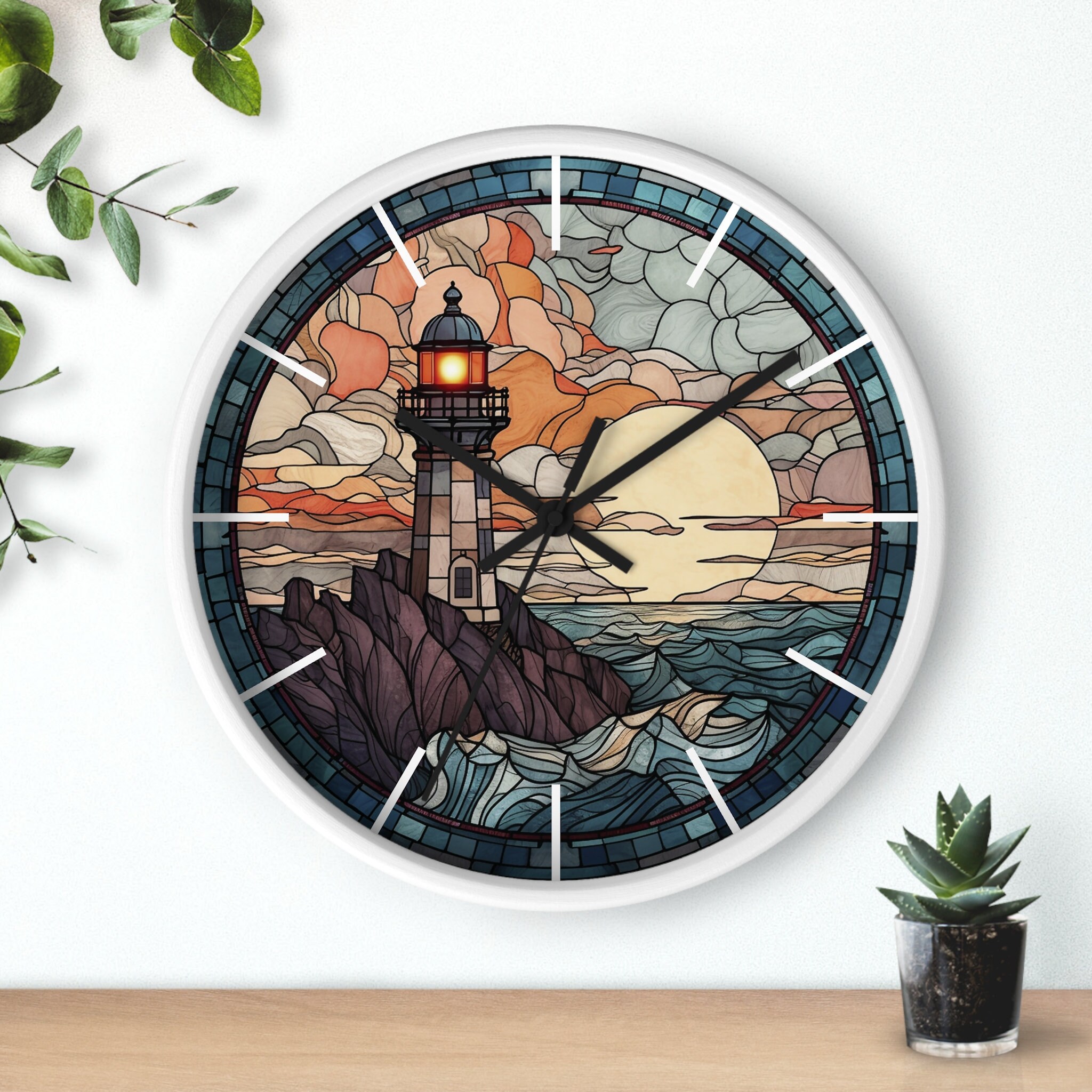 Wooden Wall Clock, Lighthouse Wall Clock, Stained Glass Art, Ocean