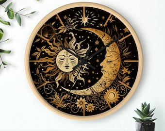 Wooden Wall Clock, Black & Wood Wall Clock, Celestial Design Clock, Celestial Crescent Moon, Vintage Style, Silent Mechanism, Celestial Art