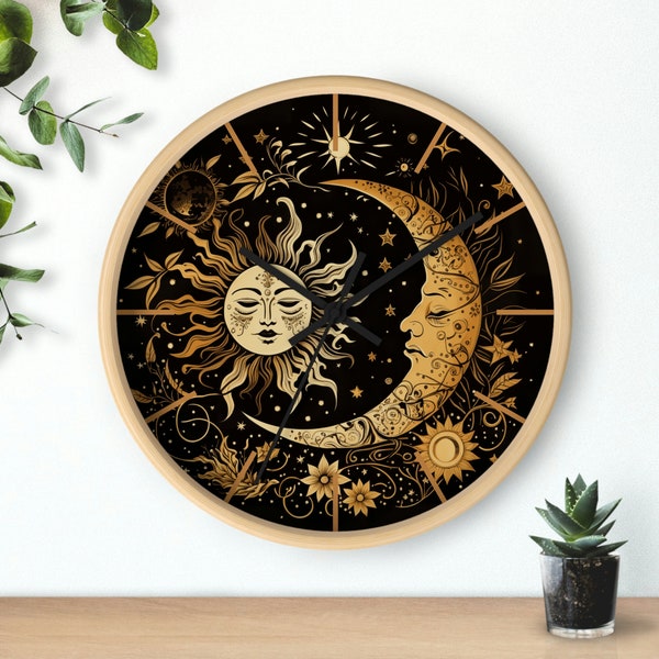 Wooden Wall Clock, Black & Wood Wall Clock, Celestial Design Clock, Celestial Crescent Moon, Vintage Style, Silent Mechanism, Celestial Art